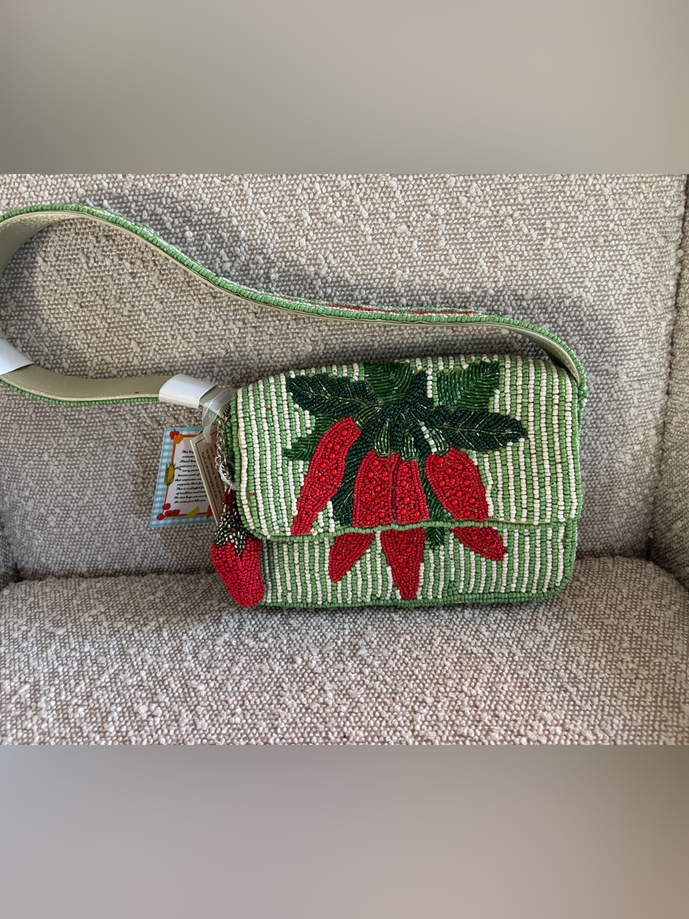 Green Beaded Shoulder Bag with Red Pepper Motif